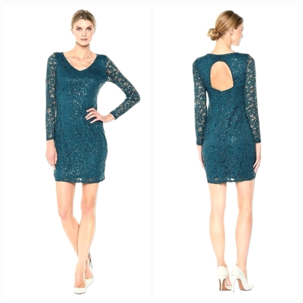 Marina Teal Green Lace Sparkly Open Back Dress